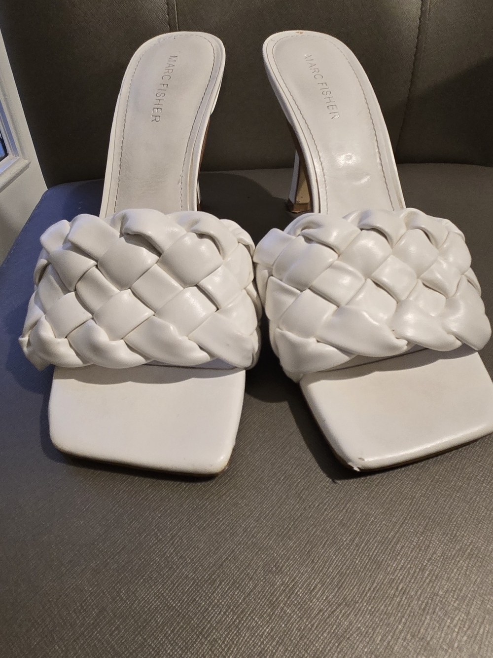 Marc Fisher White Braided Square-Toe Slide Heels